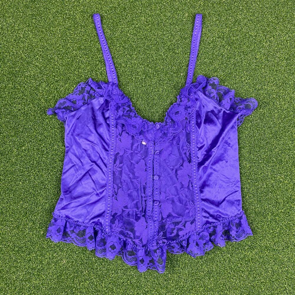 Vintage Purple Lace Trim Button Front Satin Lingerie Cami Tank Top Sz 1X